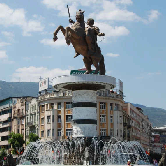 The Warrior on a Horse statue and fountain in Macedonia Square, Skopje