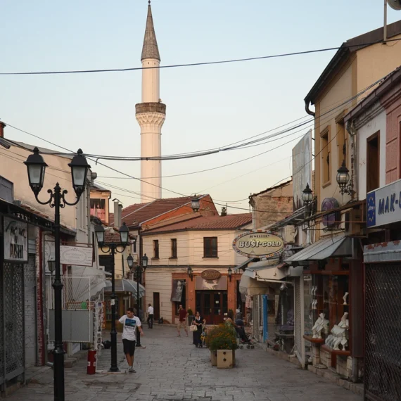 Skopje Old Bazaar and its historic mosque minaret