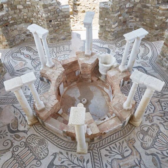 The baptistery and intricate mosaic floor at Stobi