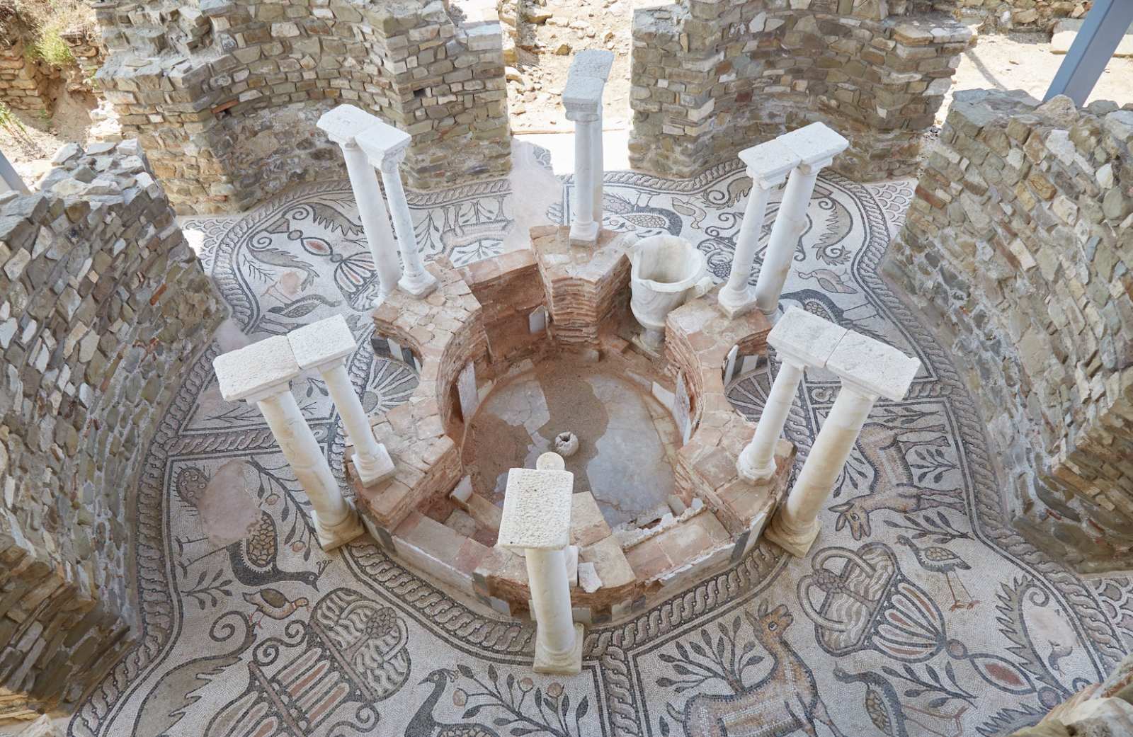 The baptistery and intricate mosaic floor at Stobi