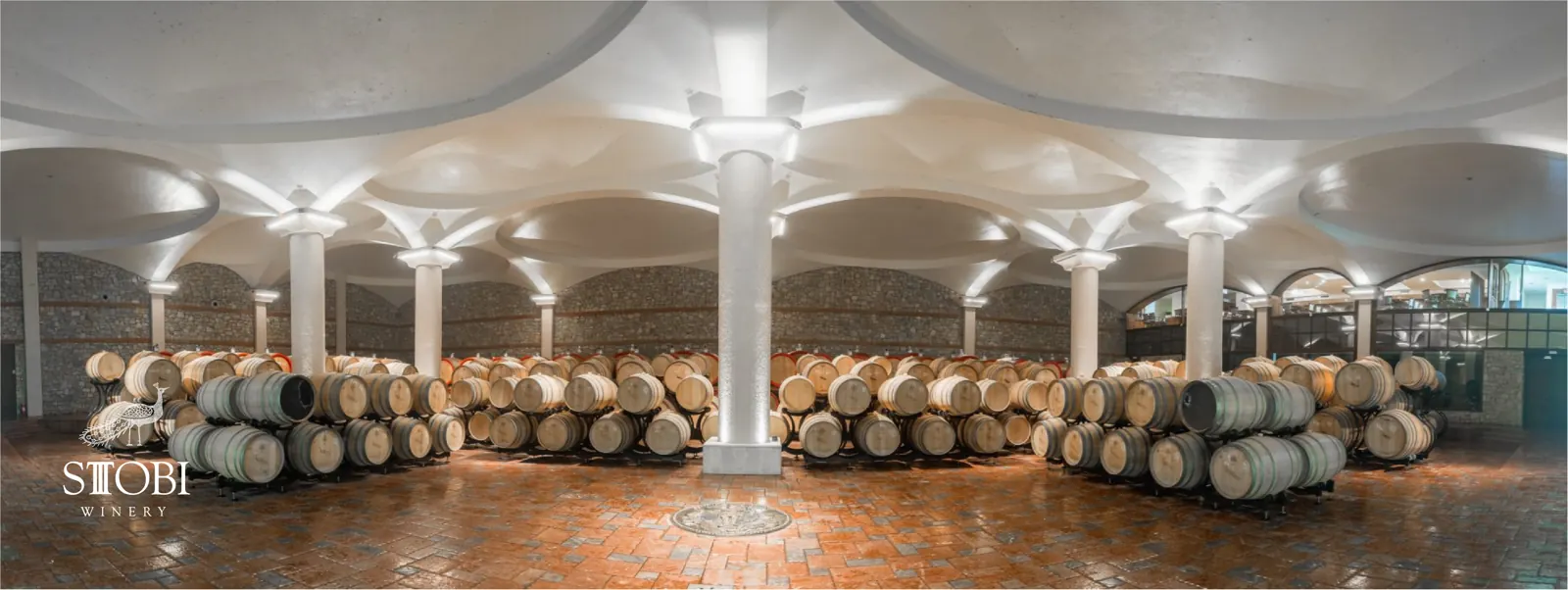 The barrel cellar at Stobi Winery